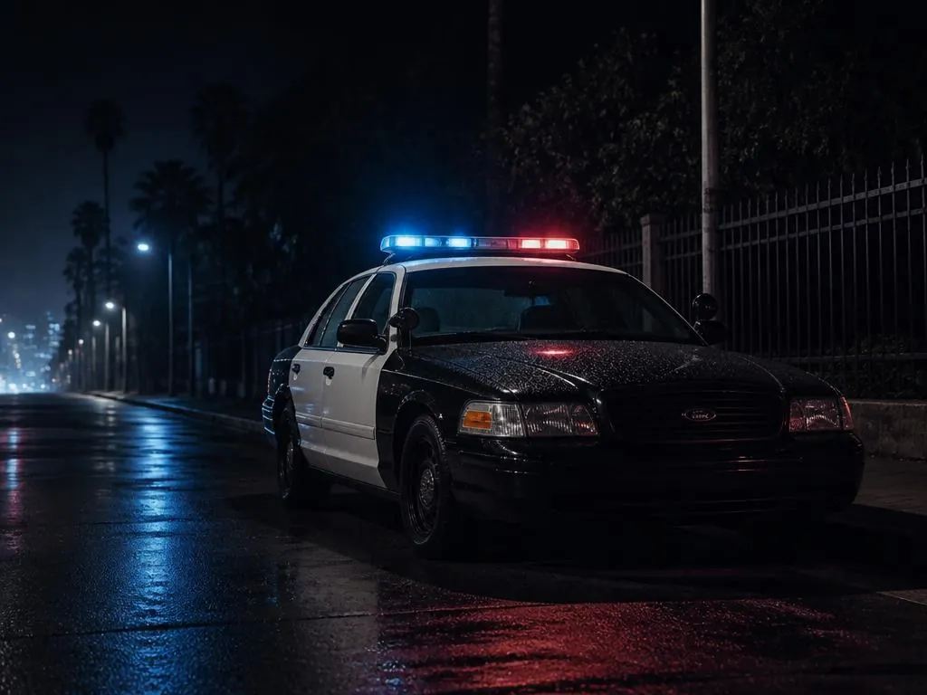Police cruiser with flashing lights on a wet street at night